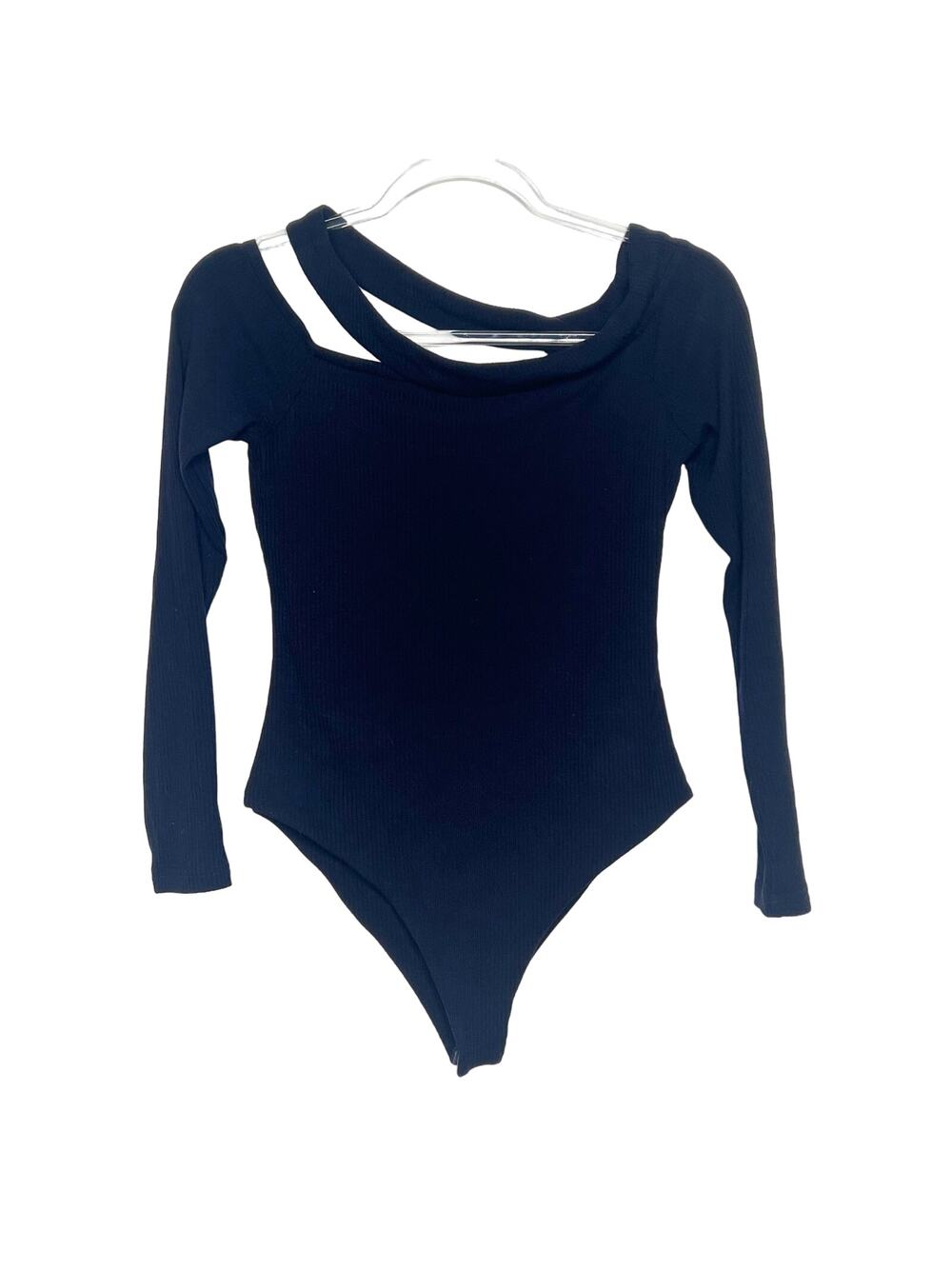 H:OURS Ribbed Cutout Long Sleeve Bodysuit Body Fitted Stretch Navy Size Medium